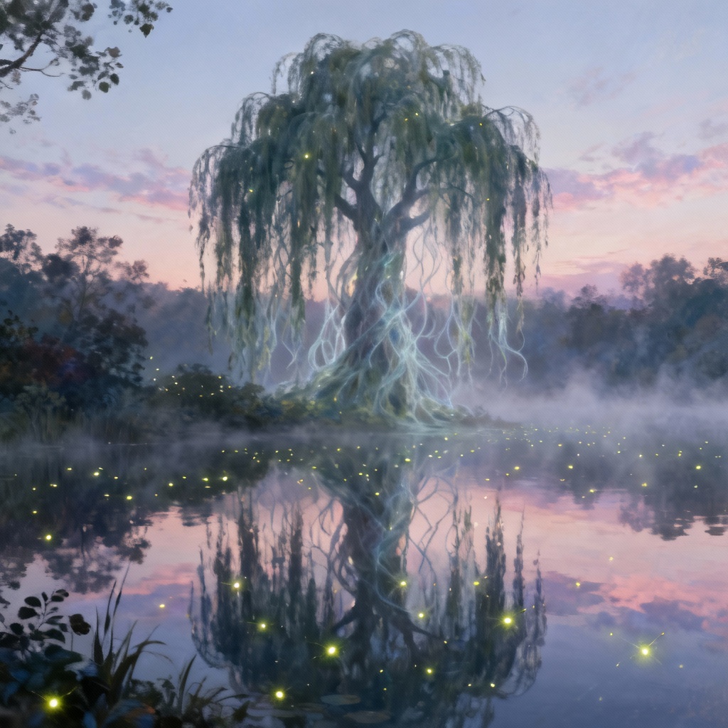 AI fairyland image of a willow spirit guarding a misty lake