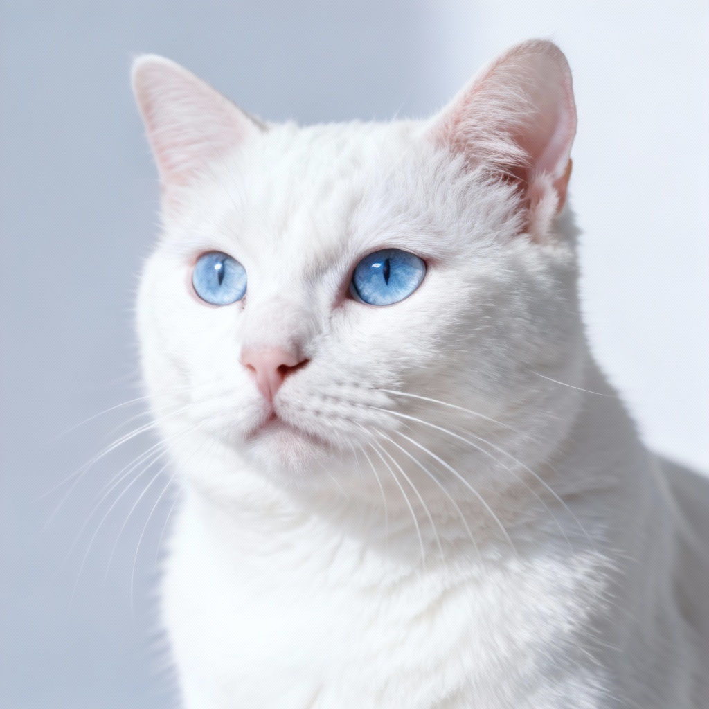 Photorealistic blue-eyed white cat portrait