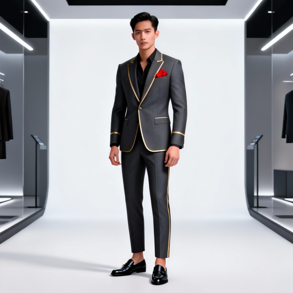 AI Tet virtual try-on of modern men’s suit with gold trim