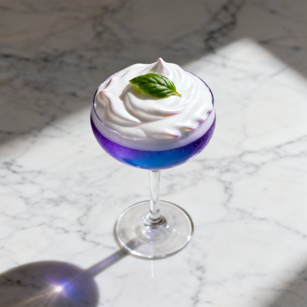 AI image of blueberry basil gin sour in a coupe with basil leaf