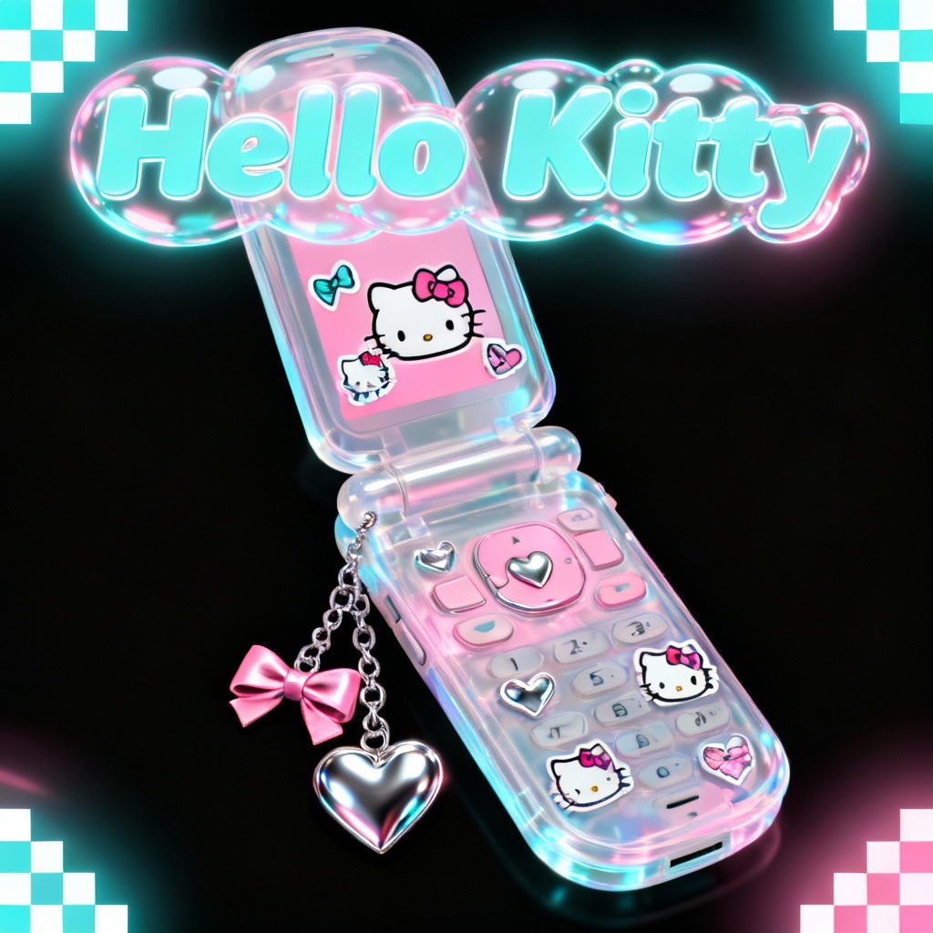 Retro flip phone themed Y2K Hello Kitty wallpaper with charms