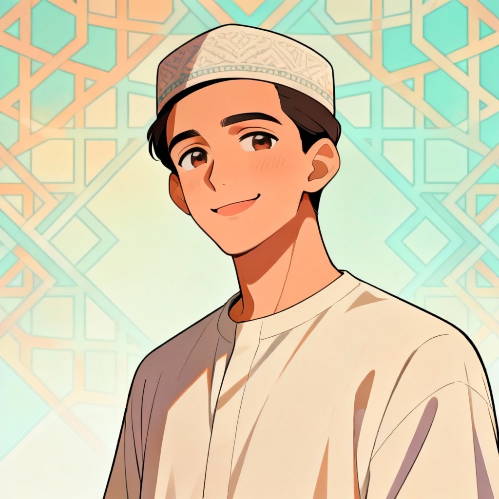 Anime-style Muslim man illustration with modest attire