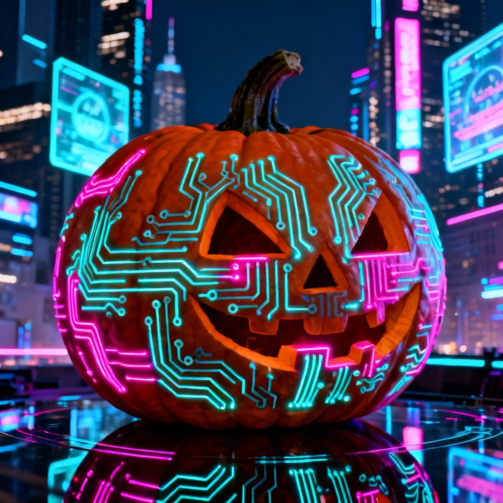 AI neon cyberpunk-style pumpkin