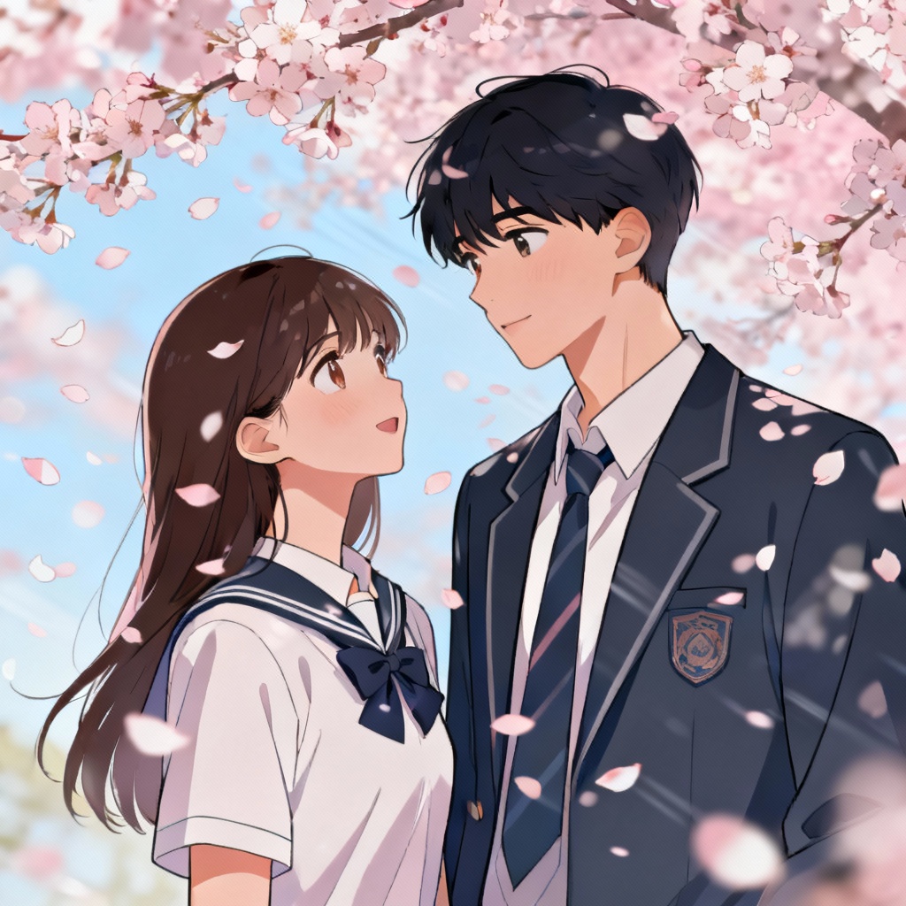 AI Korean webtoon couple under cherry blossoms