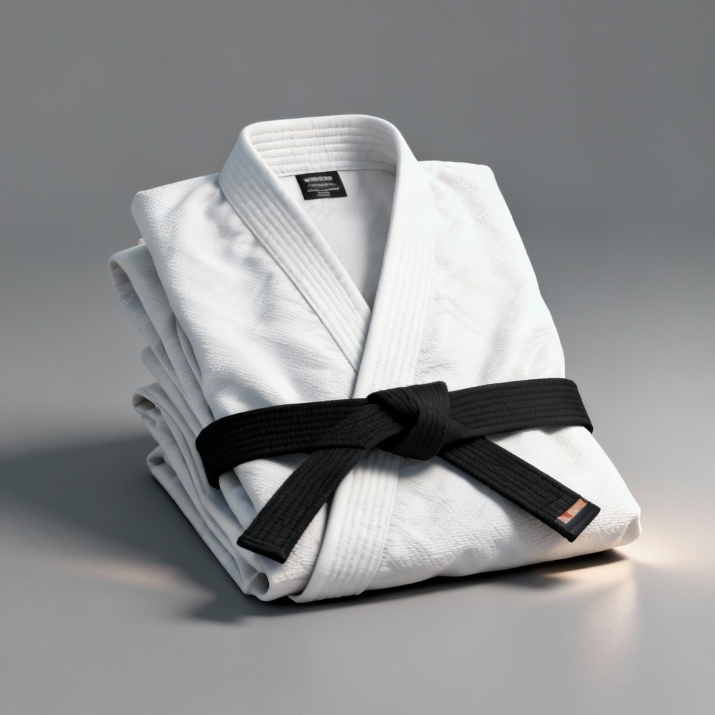 Studio 3D render of folded judogi with black belt