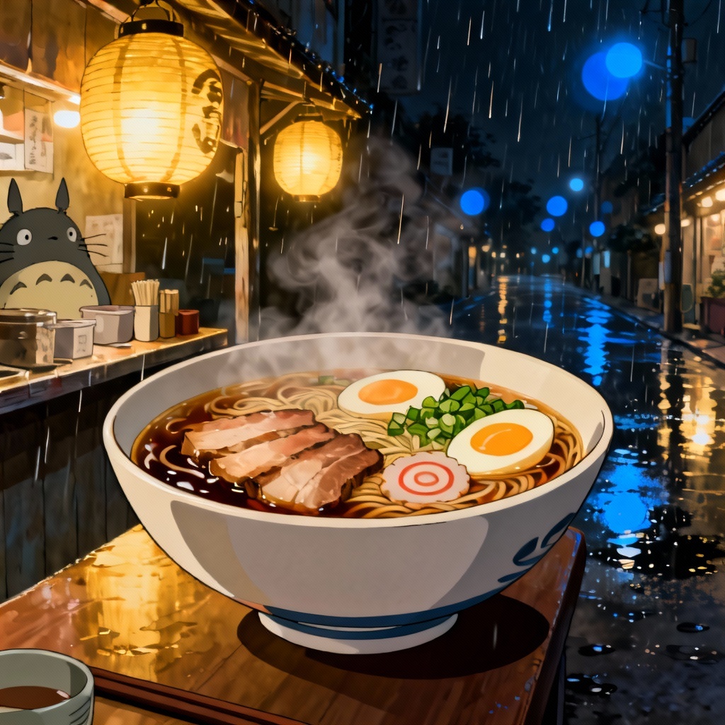 AI ghibli ramen bowl at a cozy night stall