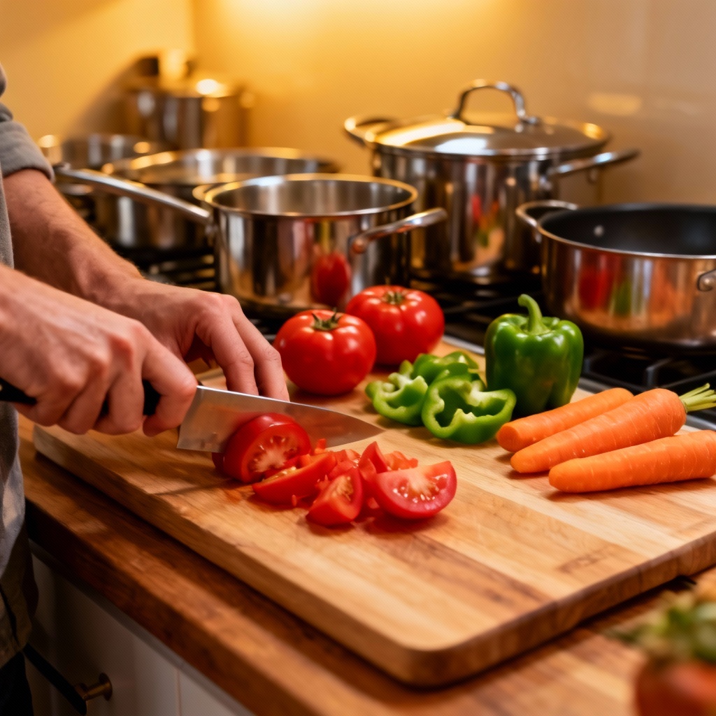AI lifestyle image of family preparing dinner in a cozy kitchen