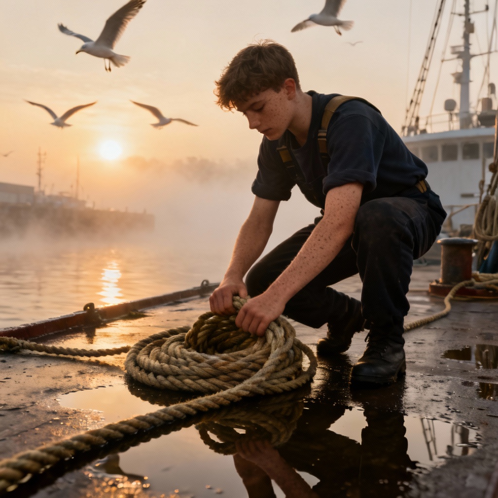 Photorealistic deckhand coiling rope on a ship deck at sunrise