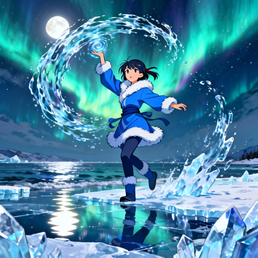 AI Katara Avatar under aurora with water spiral