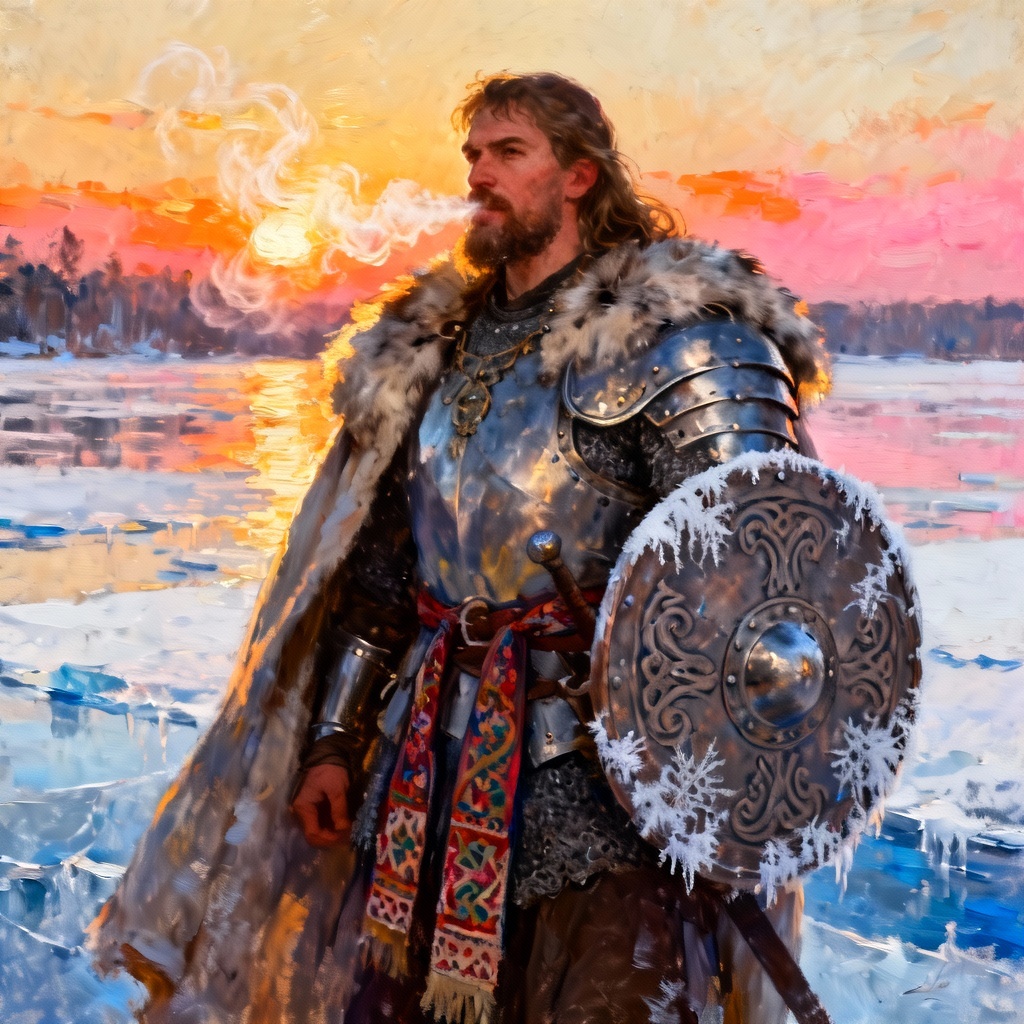 AI Bogatyr hero standing on a frozen lake at sunrise