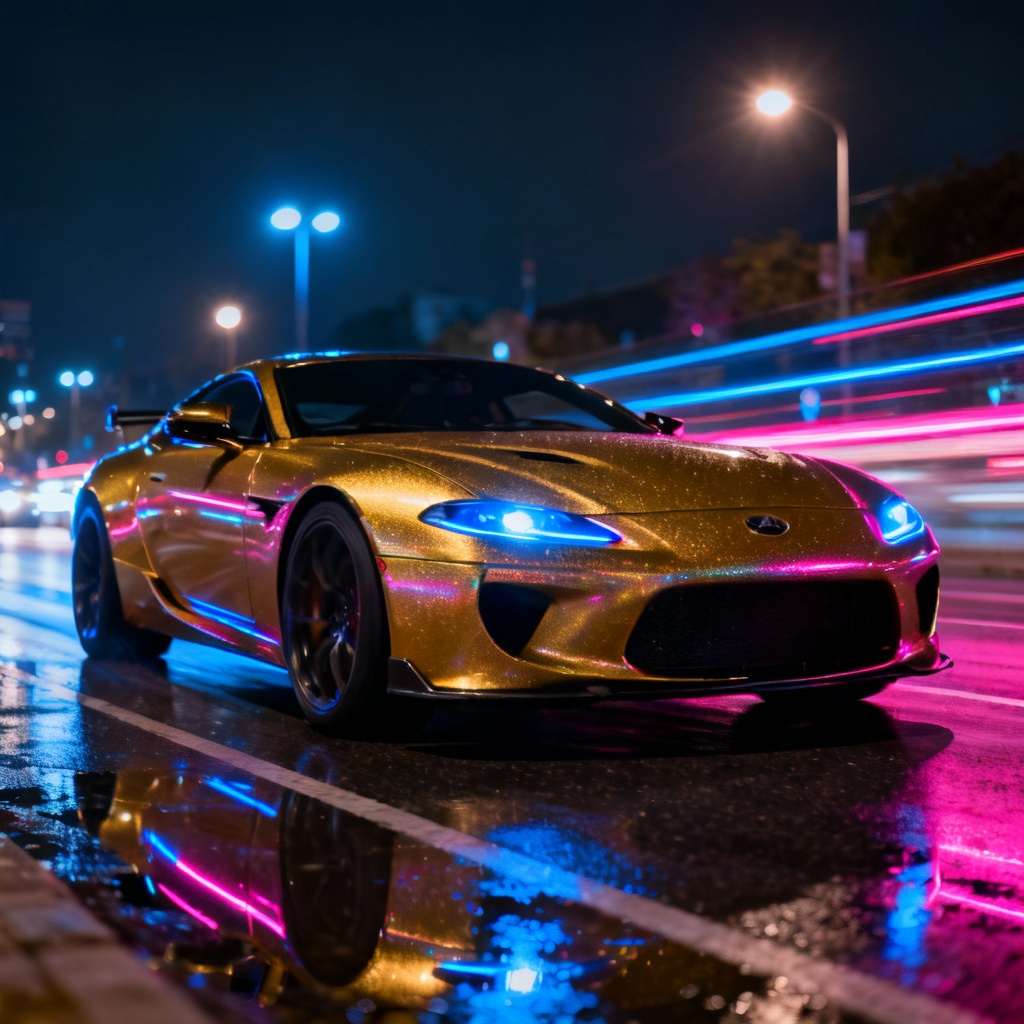 AI gold supercar under neon lights at night