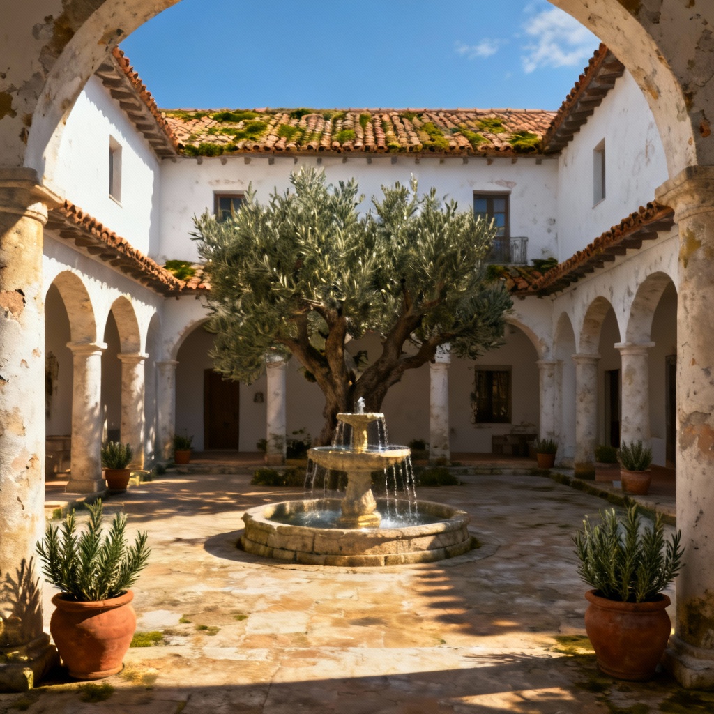 AI Mediterranean villa courtyard daylight