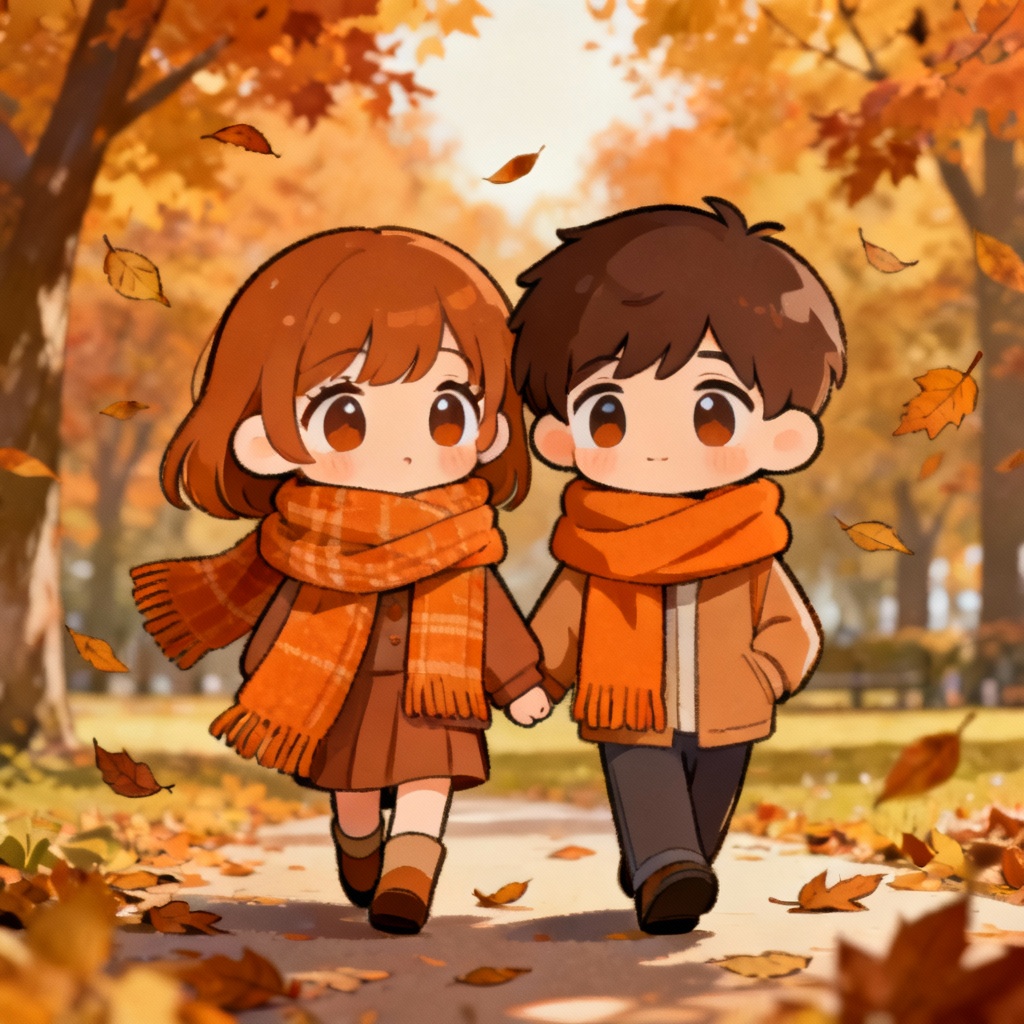 Chibi couple cartoon in an autumn park