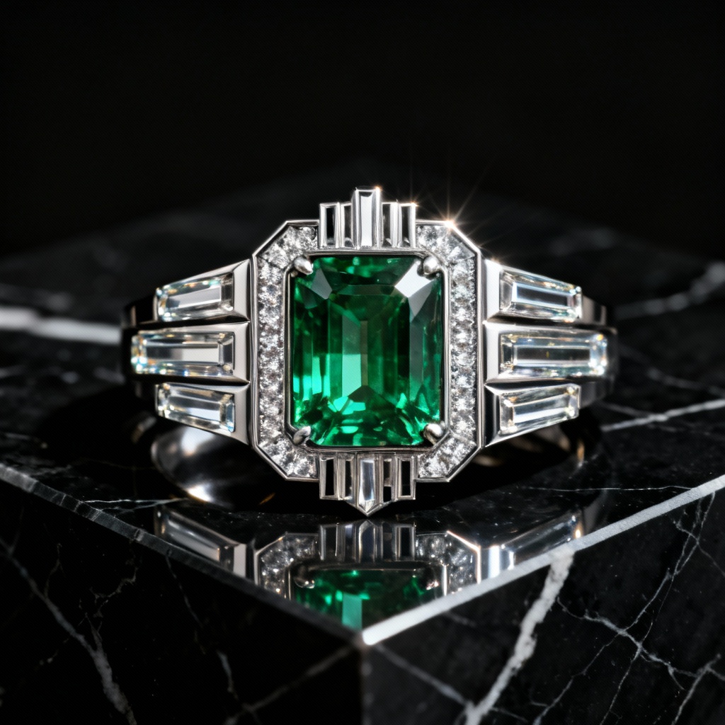 AI Art Deco emerald ring with baguette accents