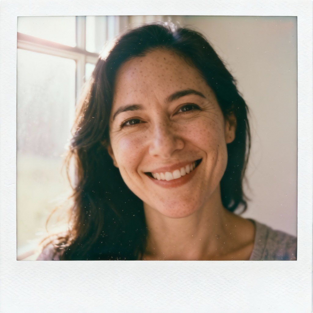 AI polaroid girl portrait with white frame and soft flash