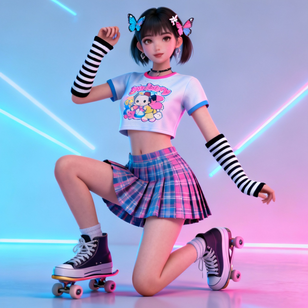 AI Y2K skater look try-on with arm warmers and pleated skirt