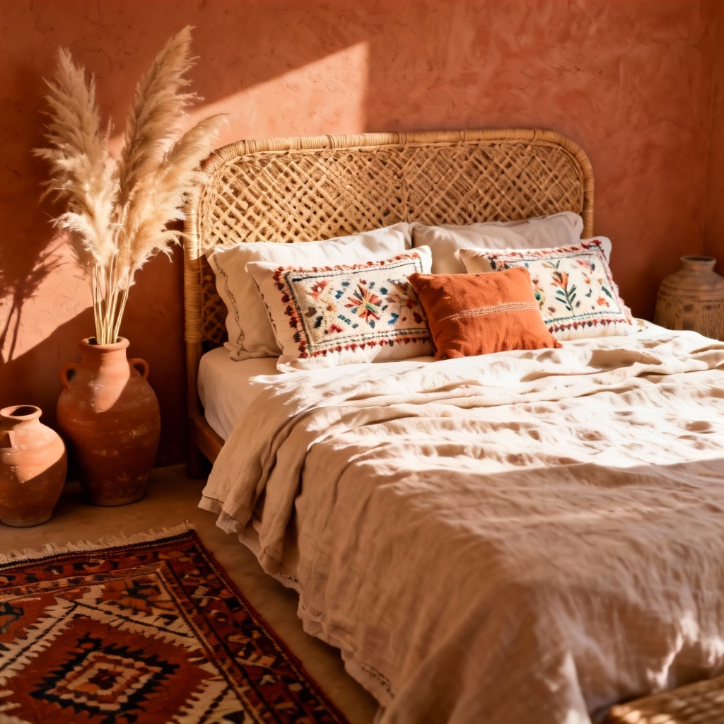 AI Boho Chic desert bedroom interior with woven textures and terracotta palette