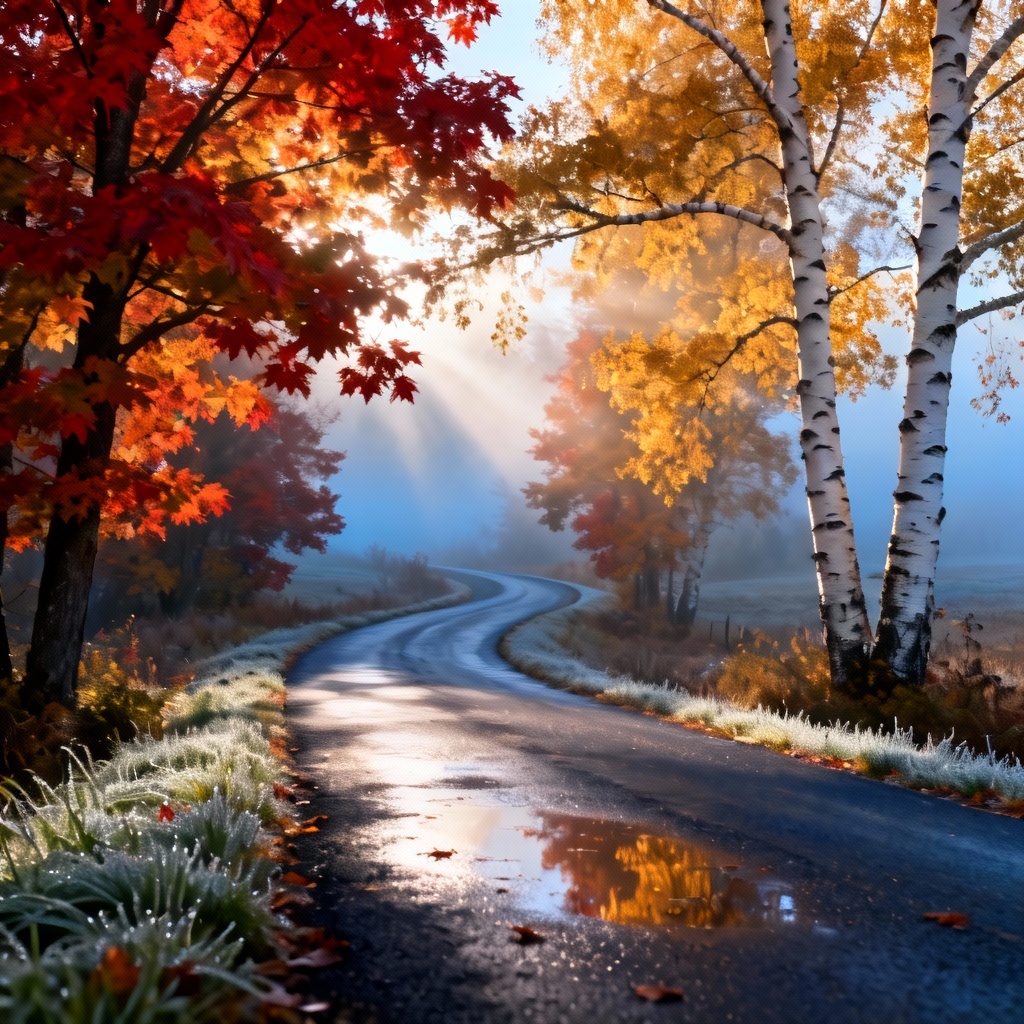 AI fall foliage country road landscape in mist