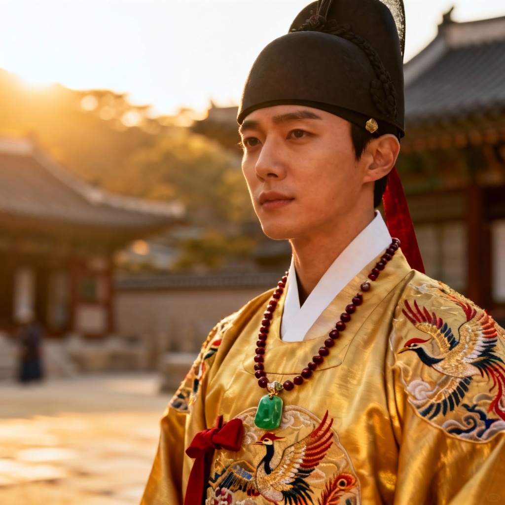 AI K-drama star portrait wearing royal hanbok at golden hour