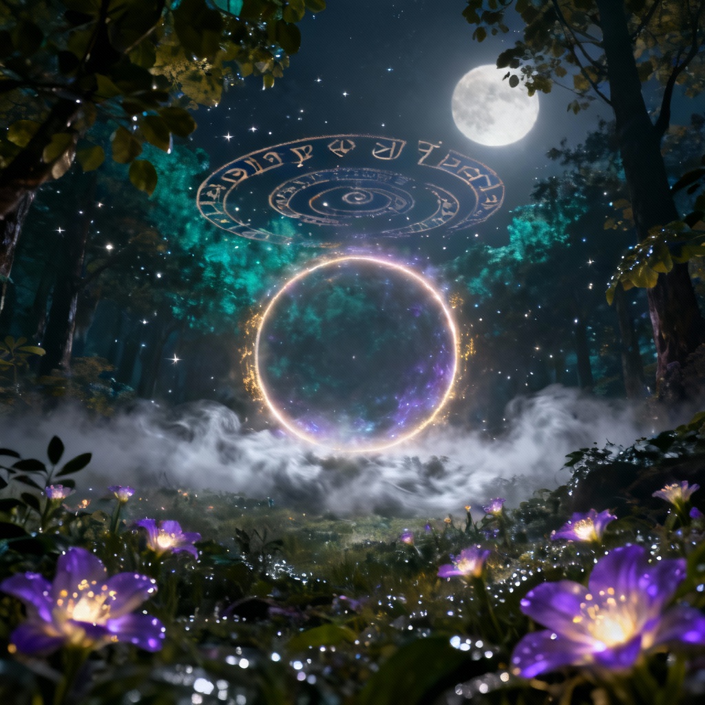 AI mystical portal in a moonlit forest with glowing runes