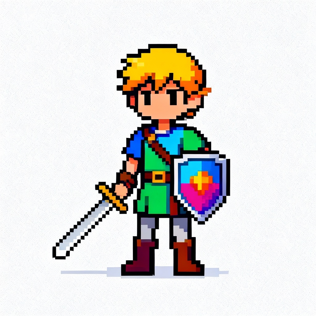 AI 8-bit hero sprite facing forward with sword