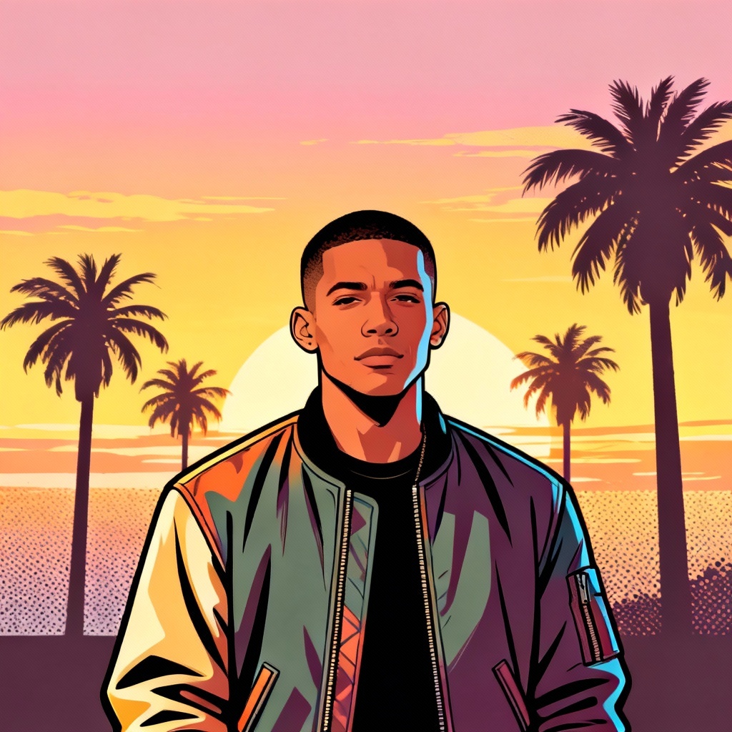 AI GTA-style portrait with sunset and palm trees