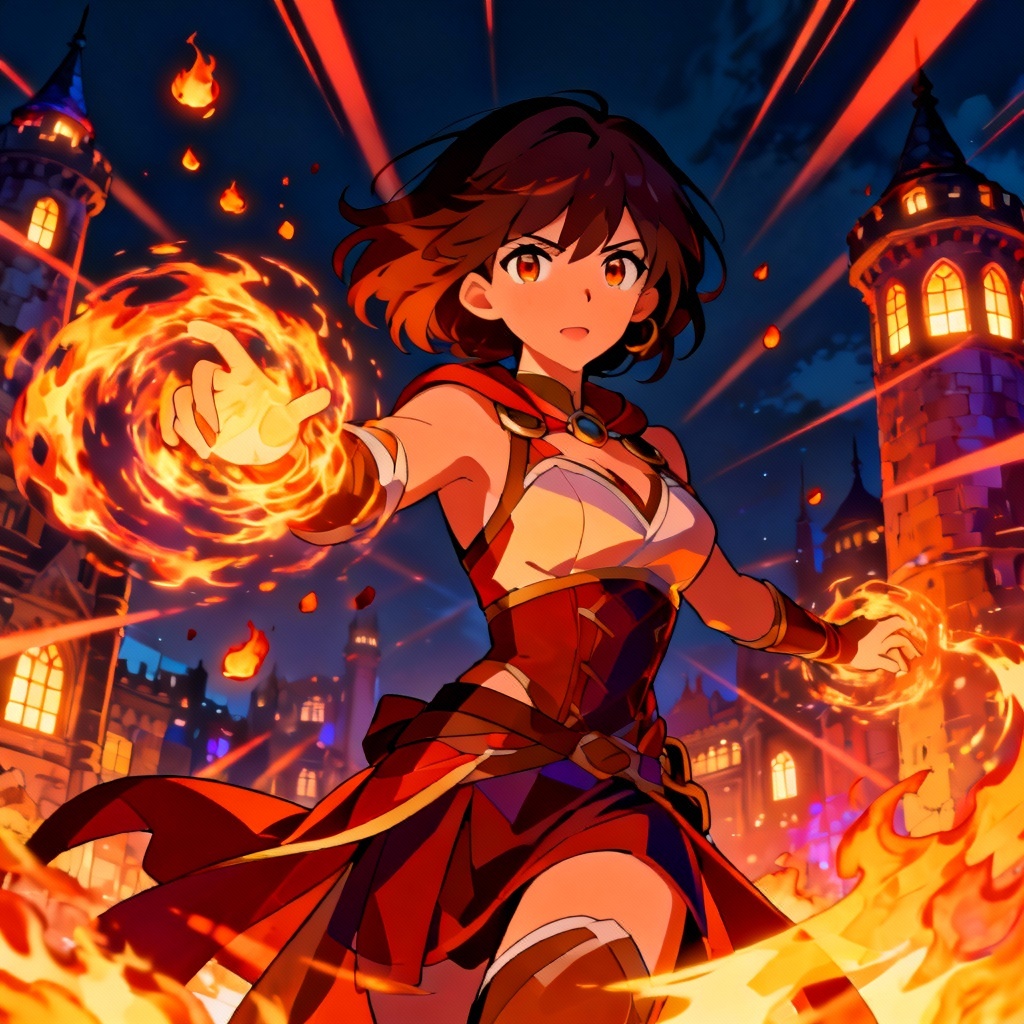AI anime sorceress casting fire magic