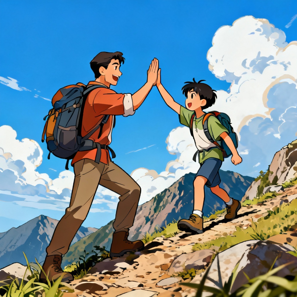 AI father and son high-fiving on a mountain trail