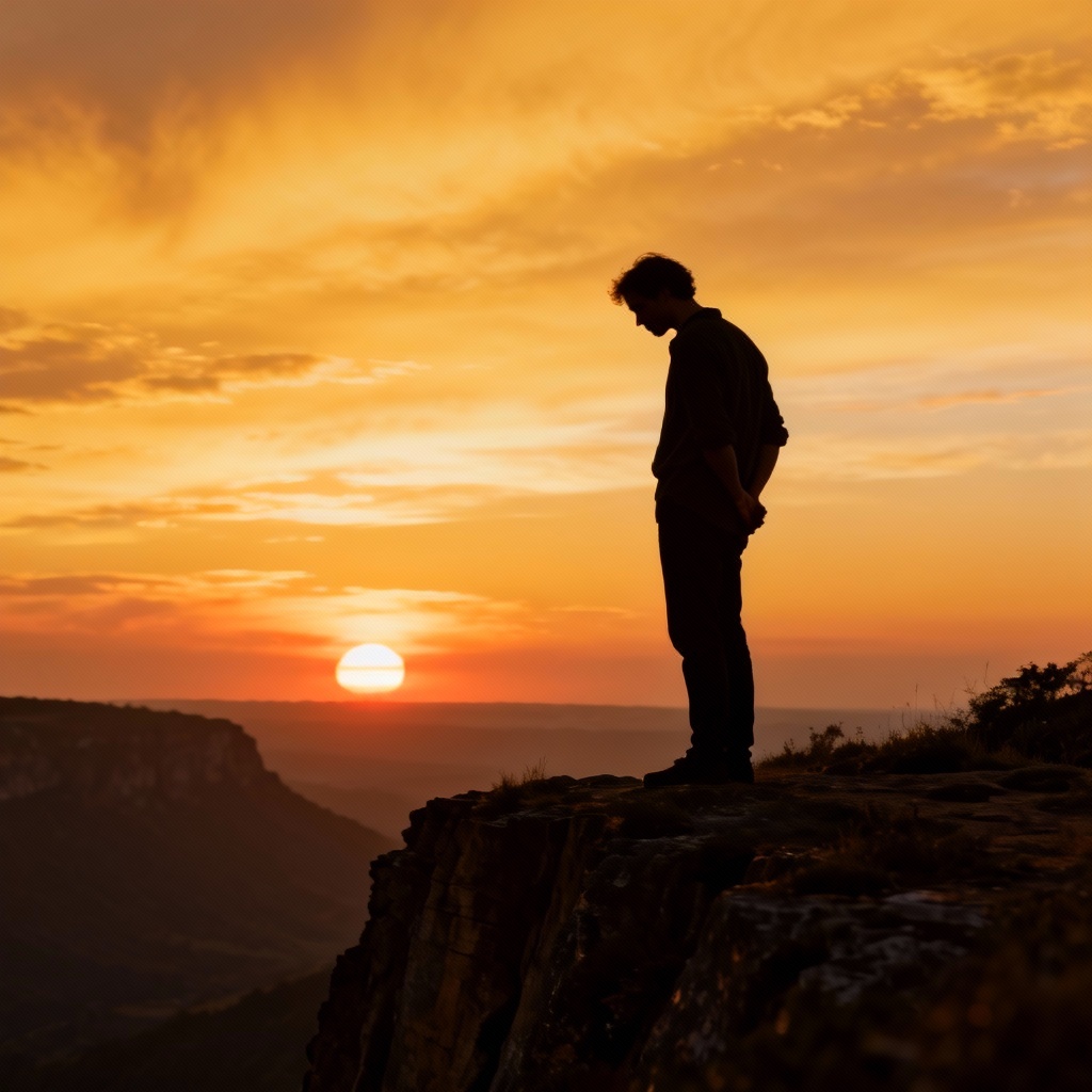 AI contemplative silhouette on a cliff at sunset