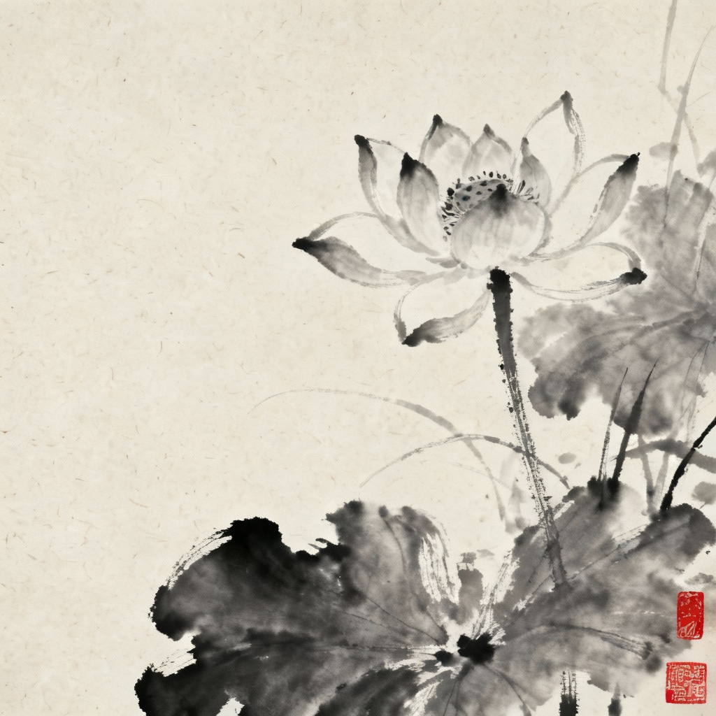 AI sumi-e ink lotus painting with expressive brush strokes