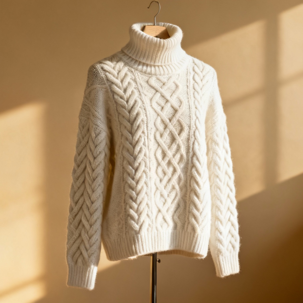 AI white cable knit turtleneck sweater with braided pattern
