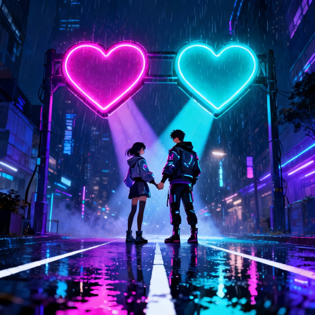 AI neon heart city date artwork