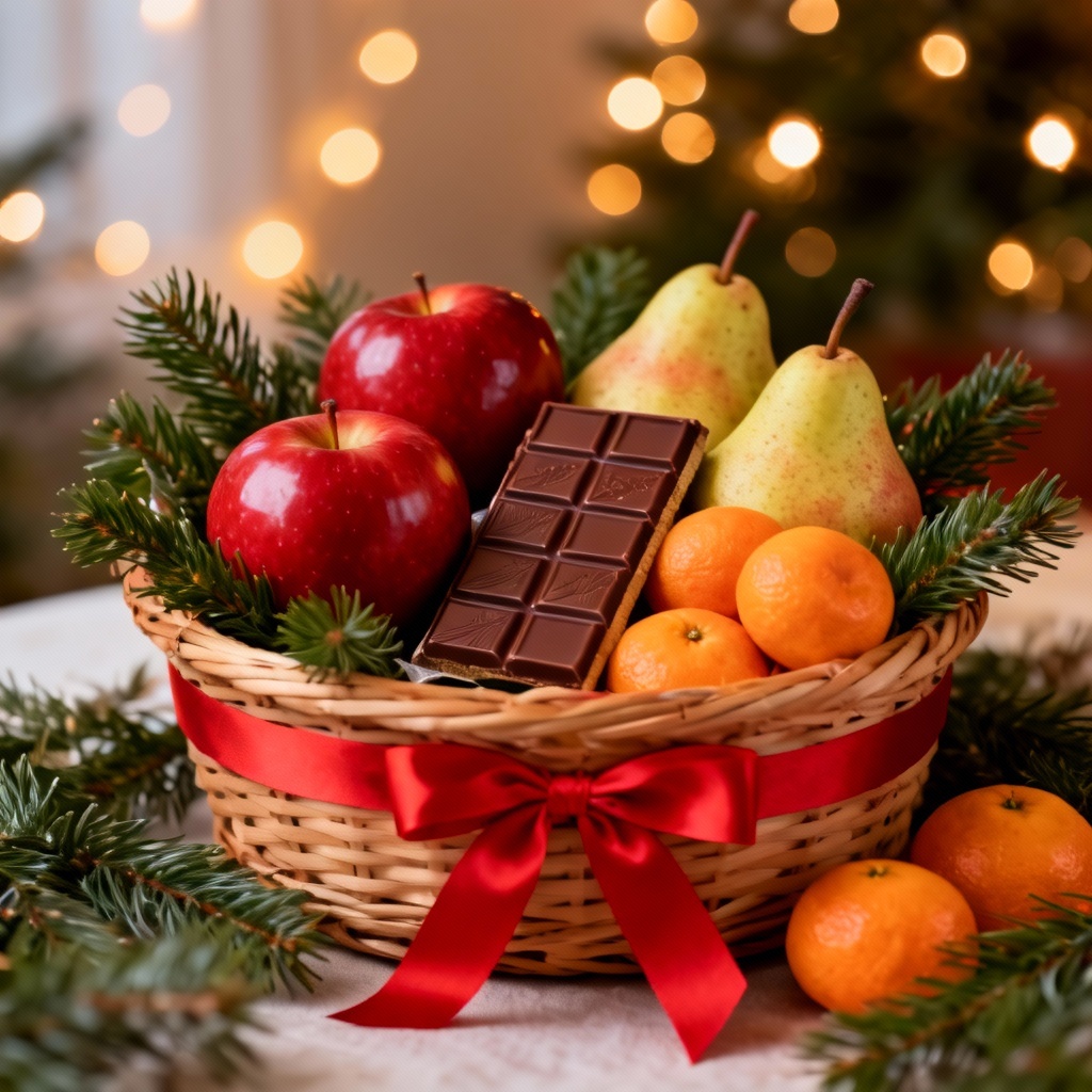 AI festive holiday fruit gift basket with ribbon