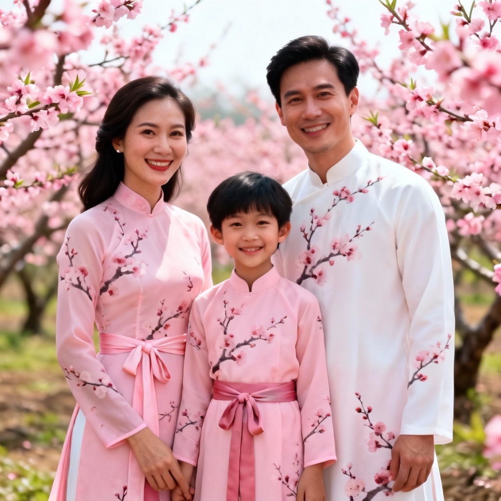 AI family matching ao dai virtual try-on with peach blossoms