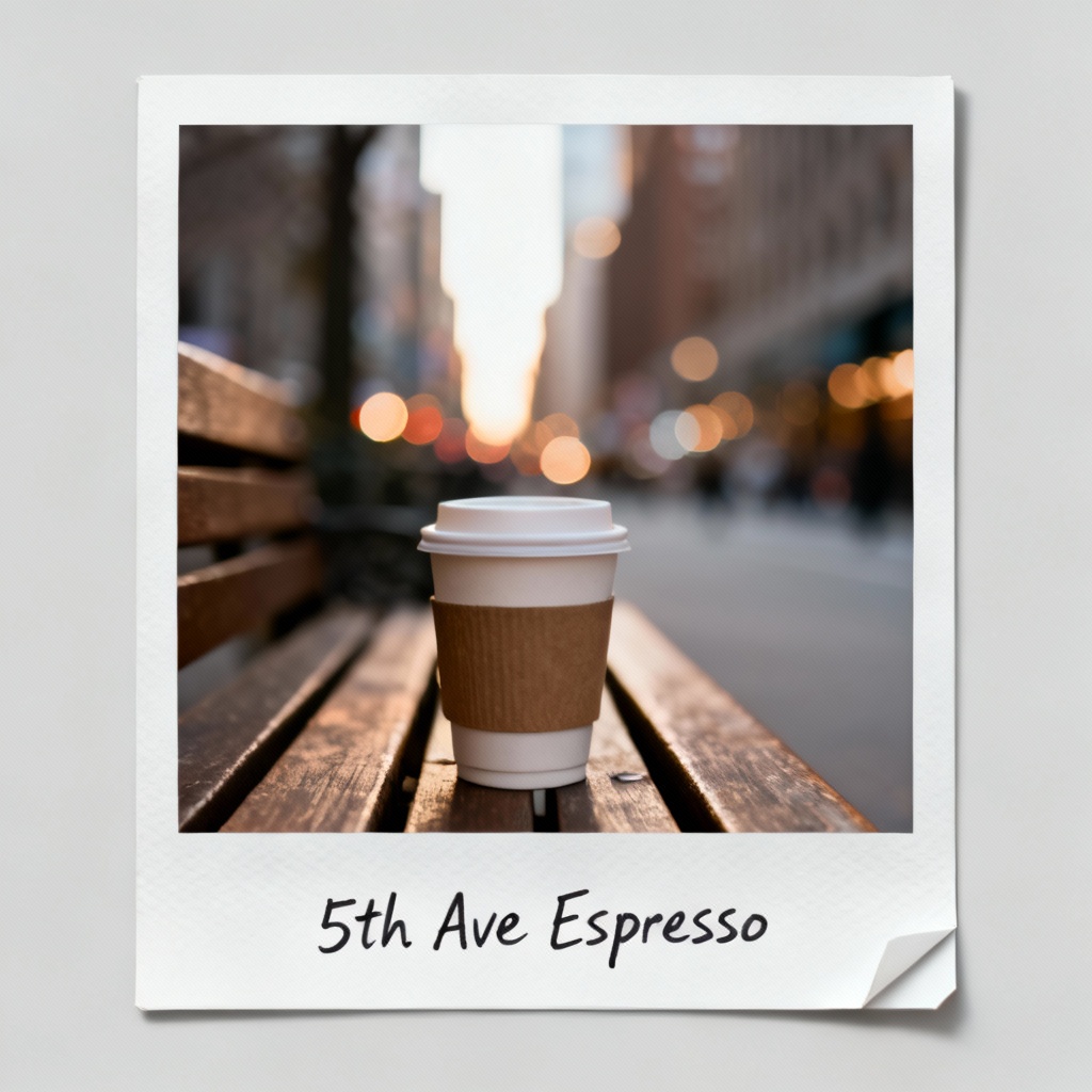 AI polaroid street photo of a coffee cup on a city bench with vintage frame