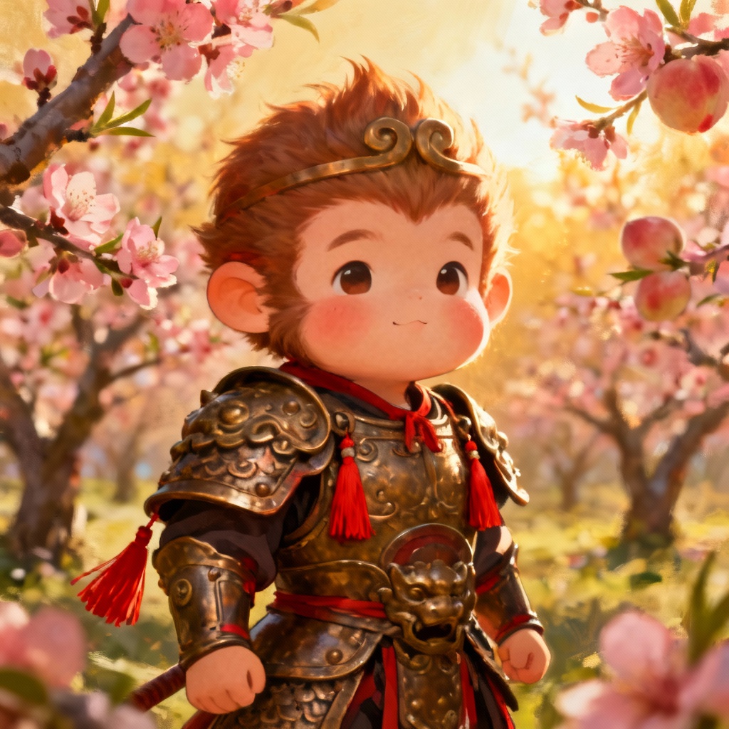 AI mythic armor baby Little Wukong in peach grove