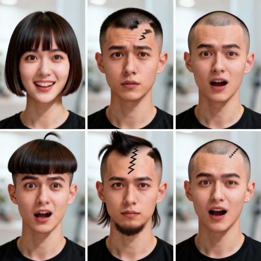 AI haircut prank collage with funny bad haircuts on portraits