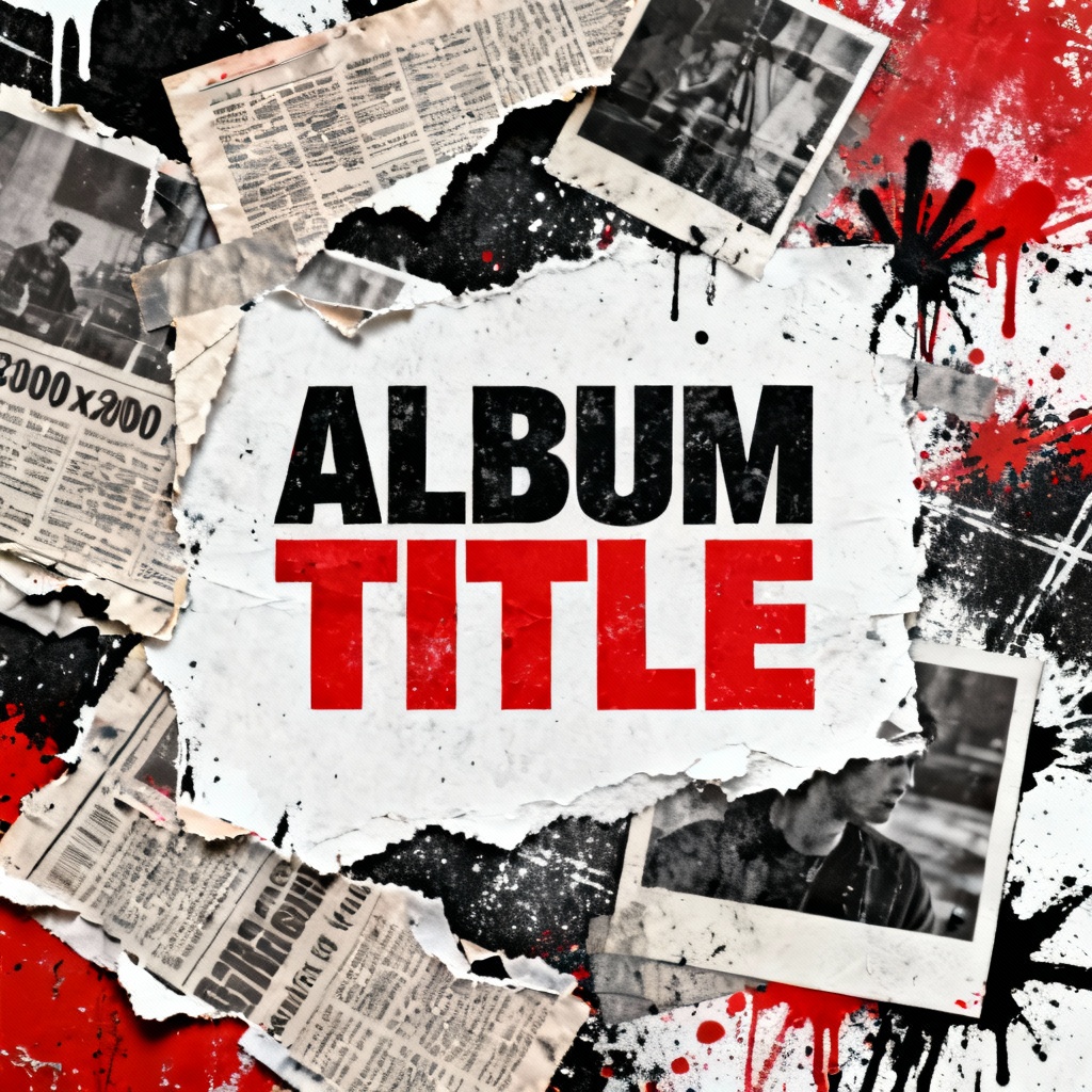 AI grunge collage album cover with ripped paper and bold type