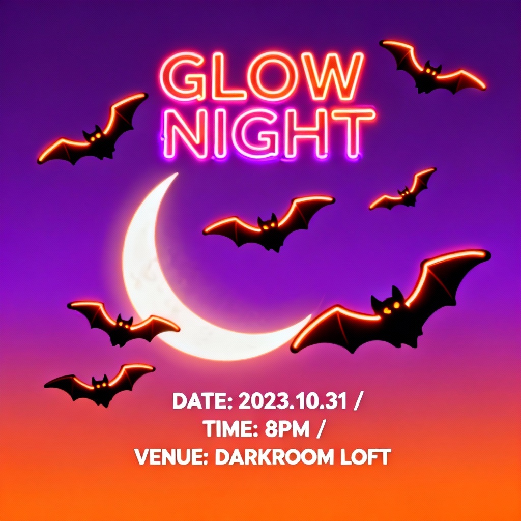 AI neon Halloween party poster with glowing bats and moon