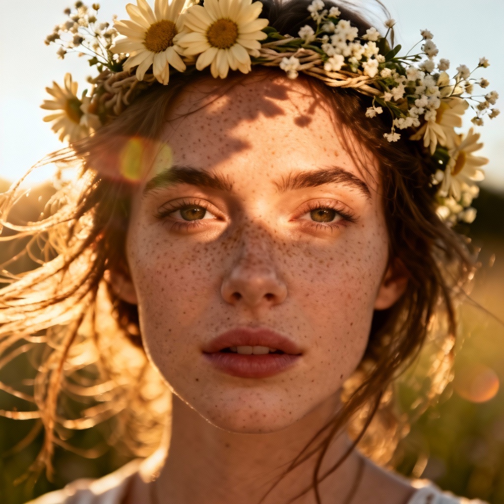 AI boho daisy flower crown portrait at sunset