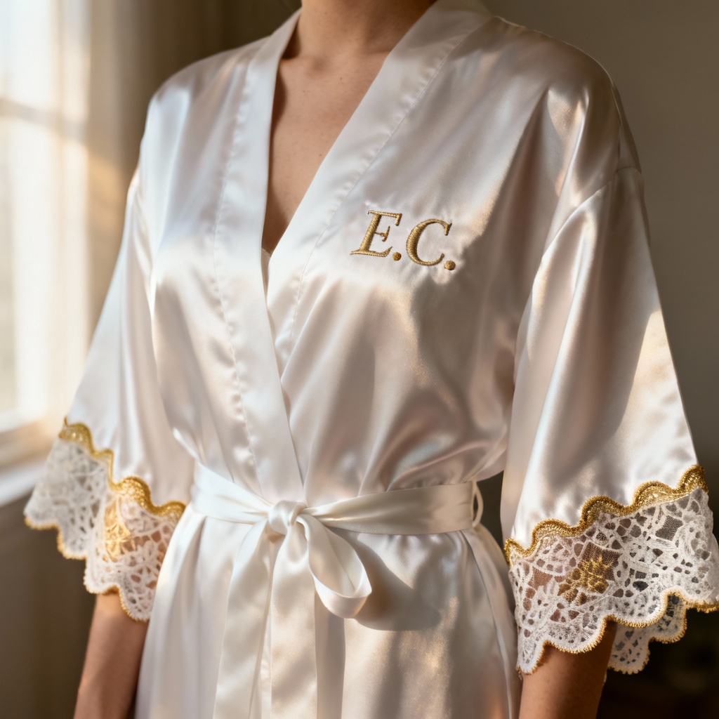 AI Bridal Satin Robe with Lace Trim