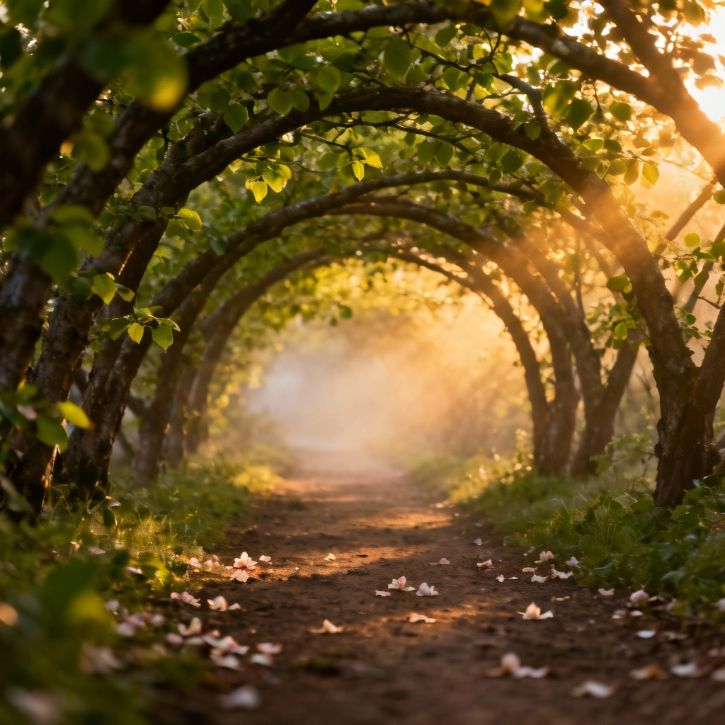 AI forest tree tunnel with sunbeams