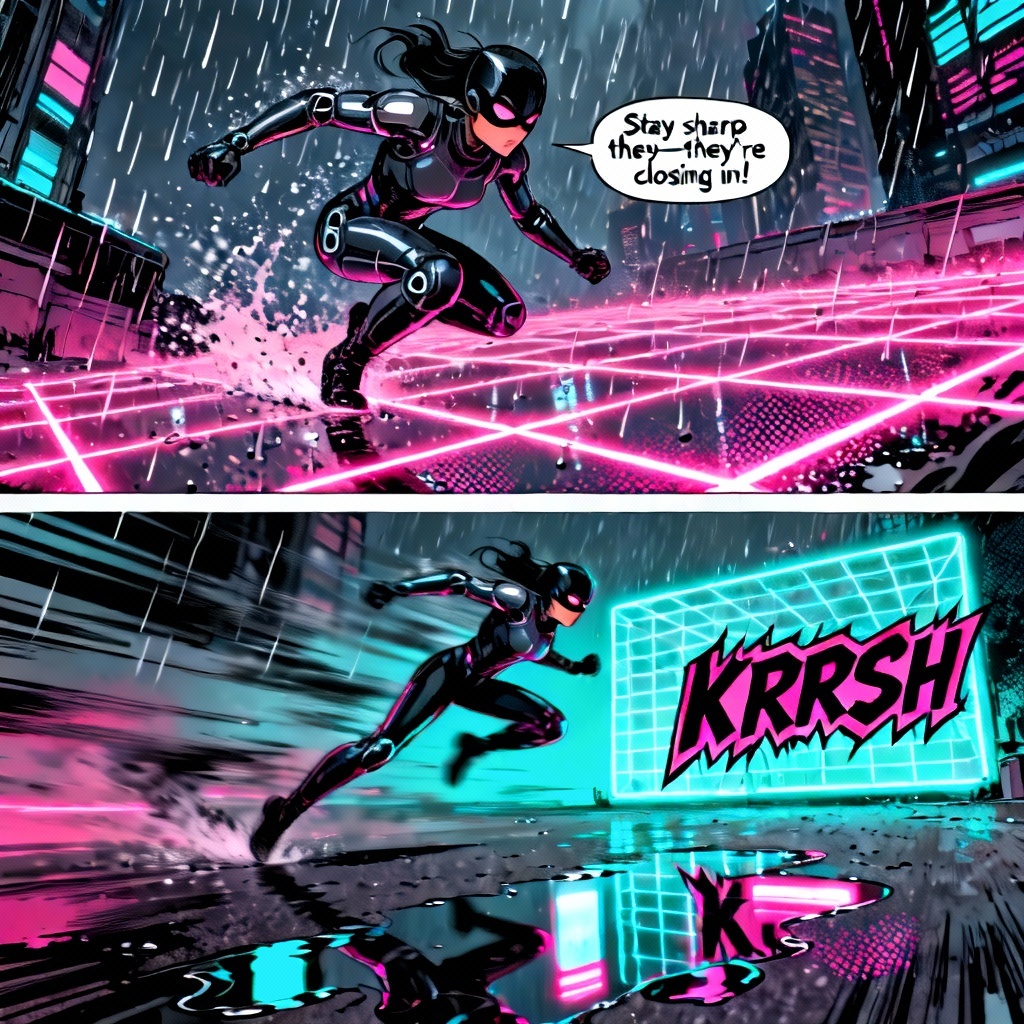 AI cyberpunk comic panels with neon city and action