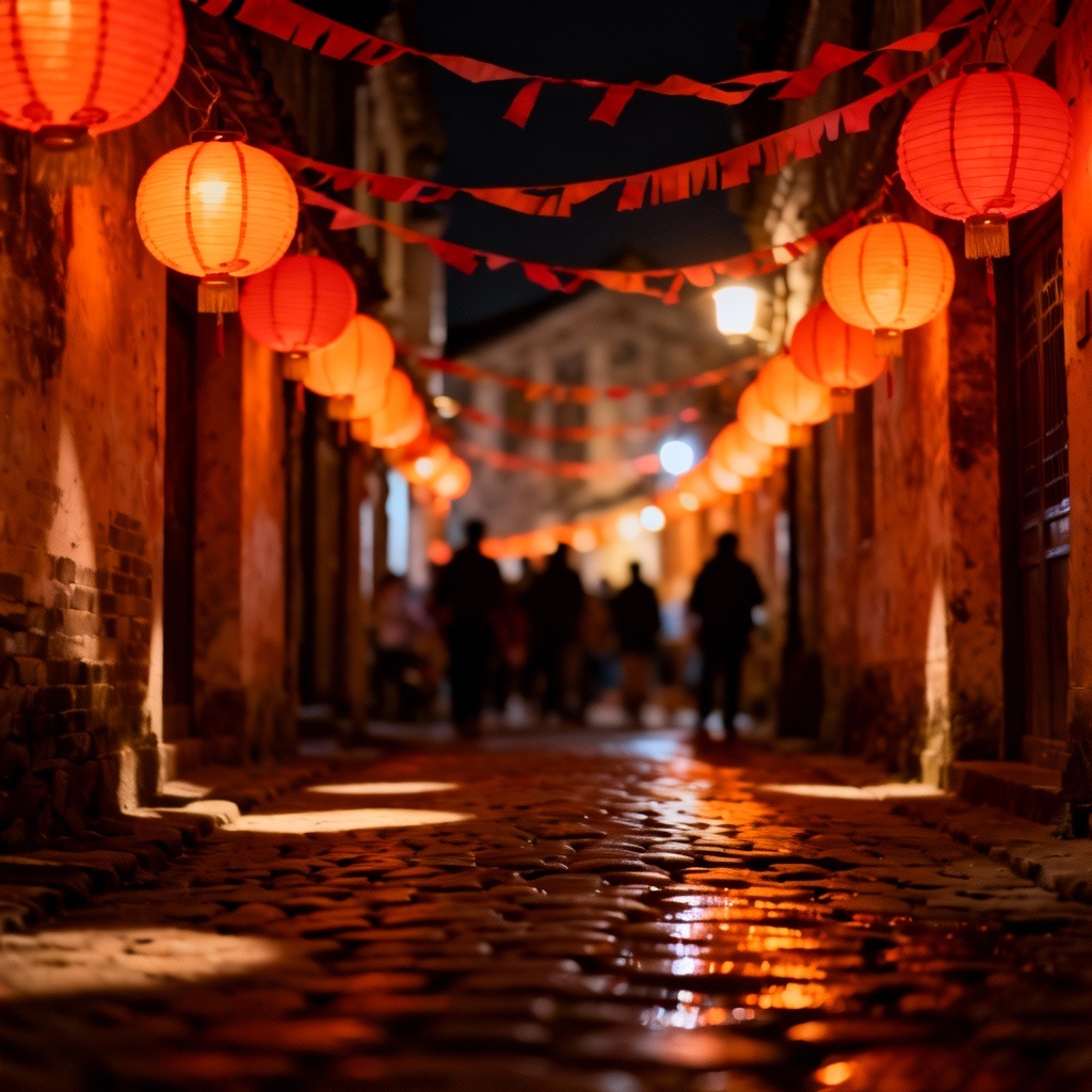 AI lantern festival alley with warm glow and people silhouettes