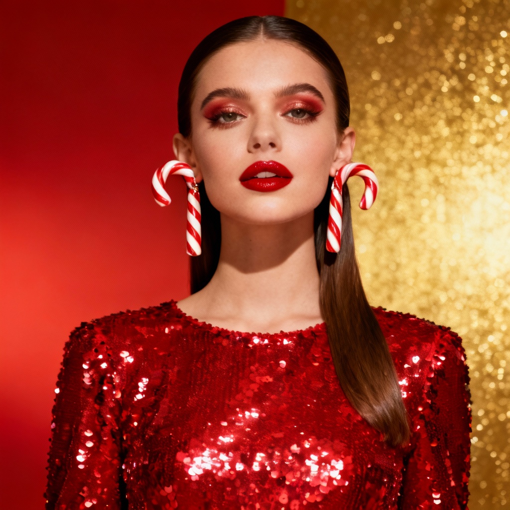 Glam holiday party Christmas girl in red sequin dress