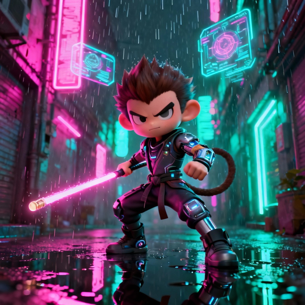 AI cyberpunk Little Wukong in neon city