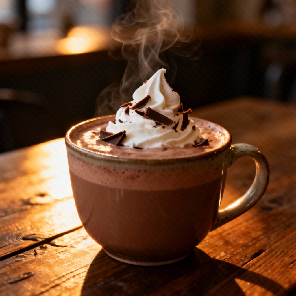 Cup of hot cocoa with steam and chocolate curls