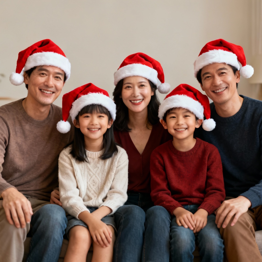 Family group photo with AI-added Santa hats