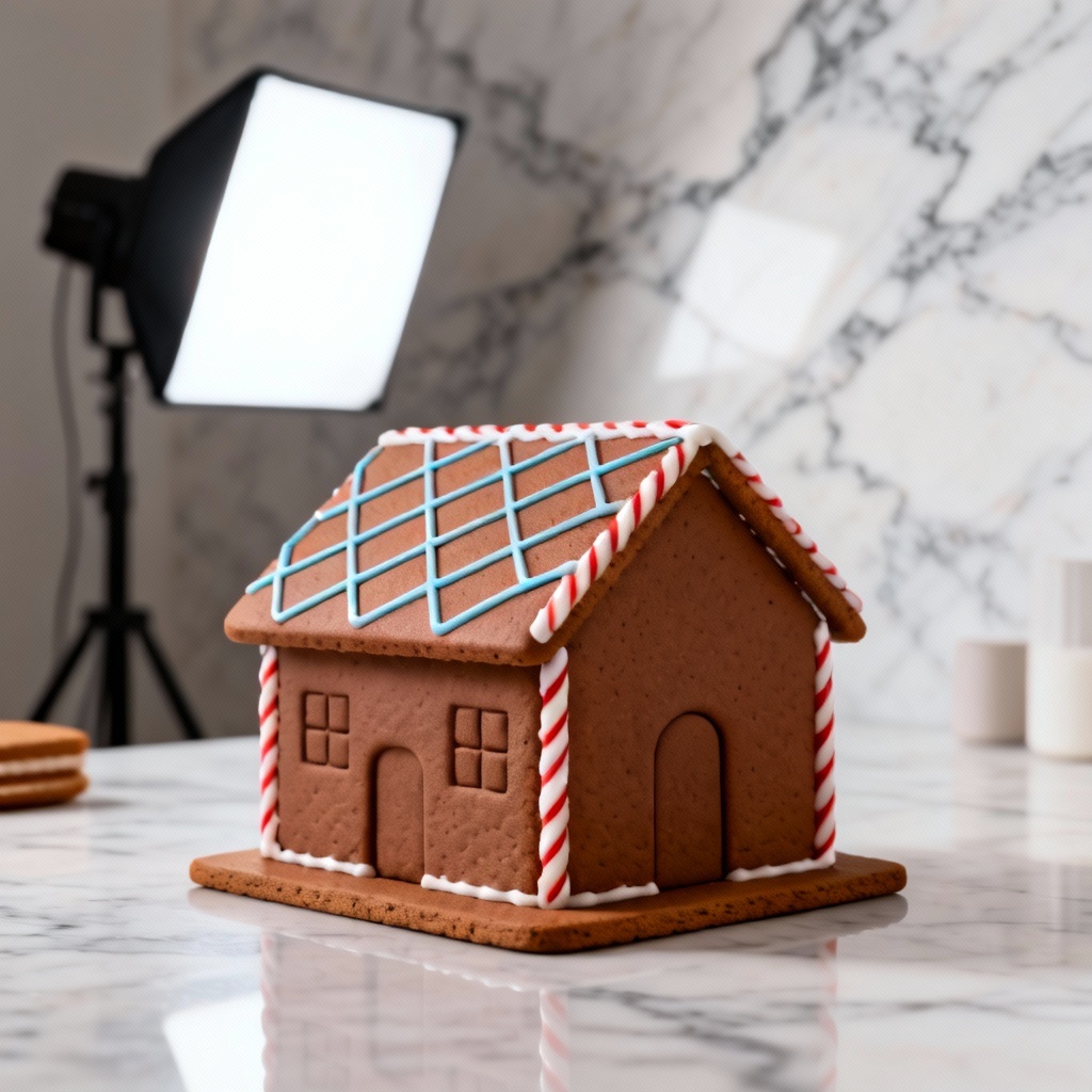 Modern minimalist AI gingerbread house with geometric icing