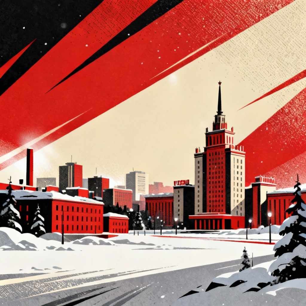 AI Kirov constructivist poster with city skyline and bold geometry